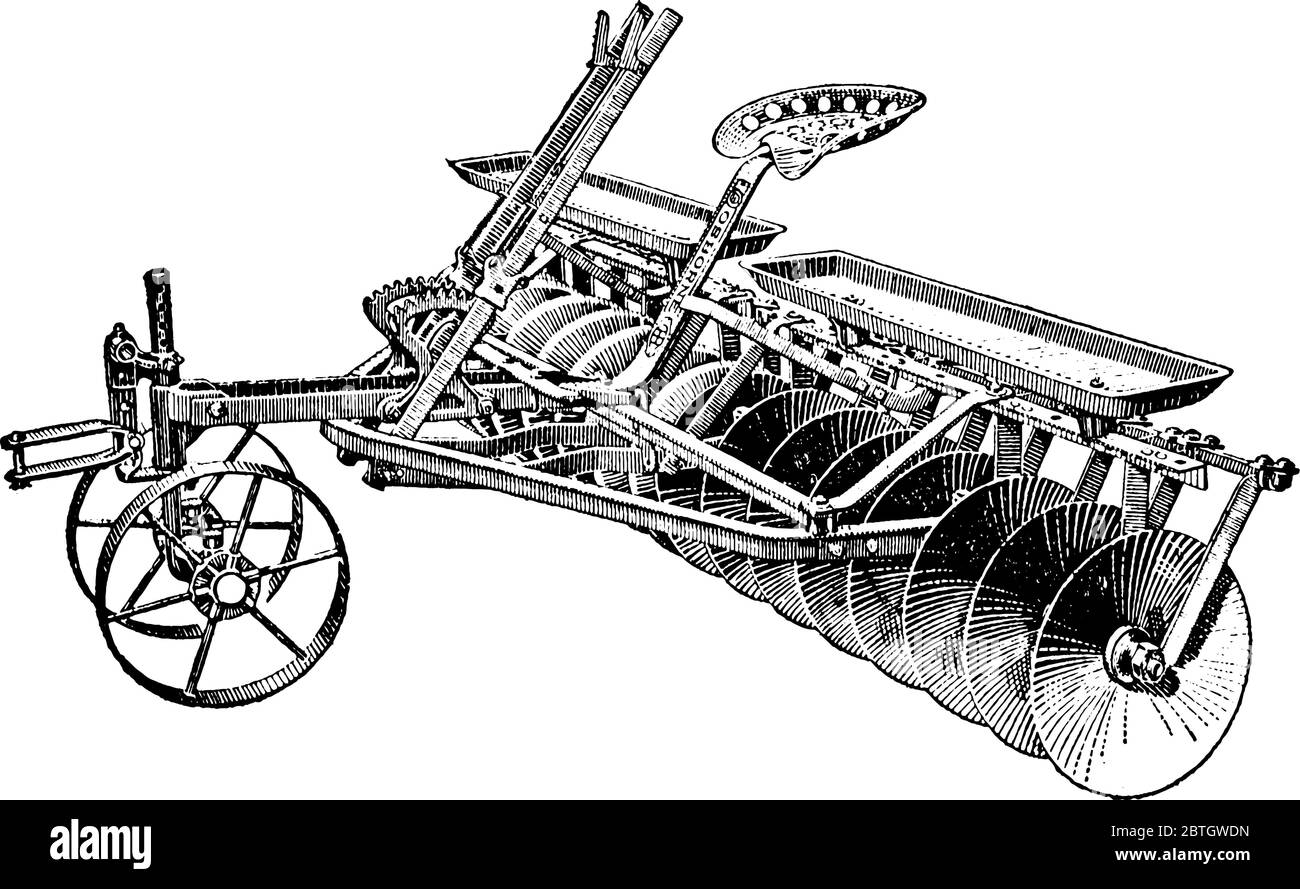Una macchina di Agricoltura usata per finchè il suolo dove raccolti o semi devono essere piantati, disegno di linea di annata o illustrazione di incisione. Illustrazione Vettoriale