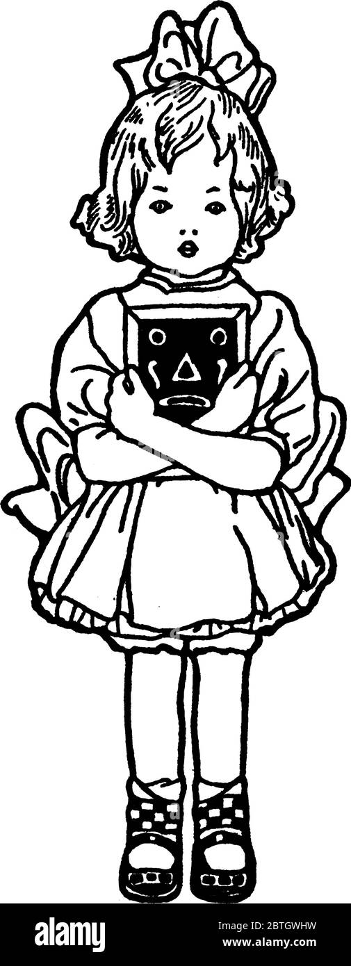 Una bambina che abbellì un libro con un volto di cartone animato sulla sua copertina, e la vita marina intorno a lei, disegno di linea vintage o illustrazione di incisione. Illustrazione Vettoriale