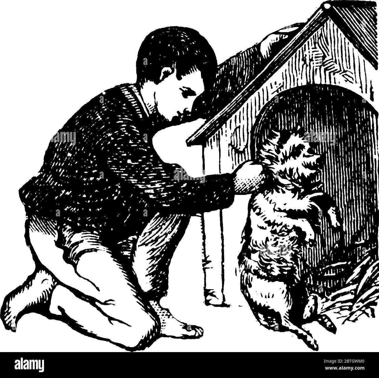 Un ragazzo giovane che gioca con il suo cane davanti all'allevamento del cane e il cane sta in piedi sui suoi due piedi, disegno di linea vintage o illustrazione di incisione. Illustrazione Vettoriale