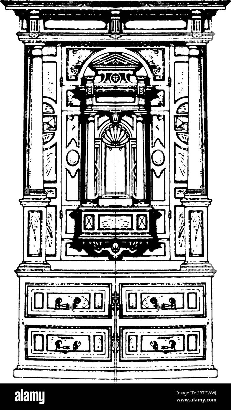 Il mobile rinascimentale del 16 ° secolo è fatto di legno variegato o legno colorato, disegno di linea vintage o illustrazione di incisione. Illustrazione Vettoriale