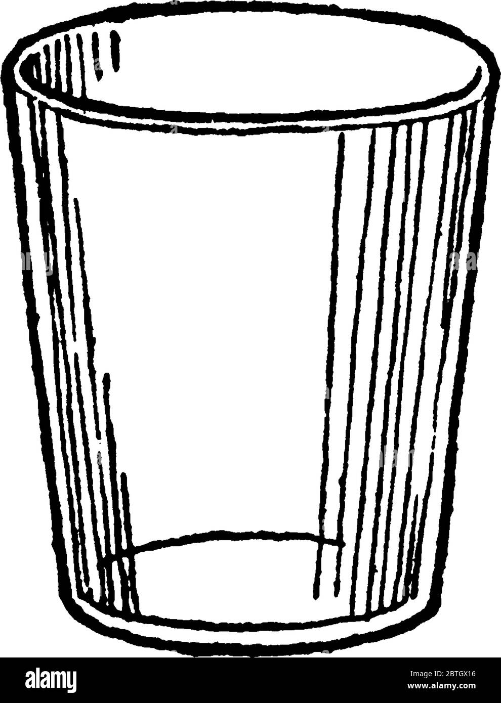 Figura che mostra un contenitore vuoto per bevande in vetro, disegno di linee vintage o illustrazione di incisione. Illustrazione Vettoriale