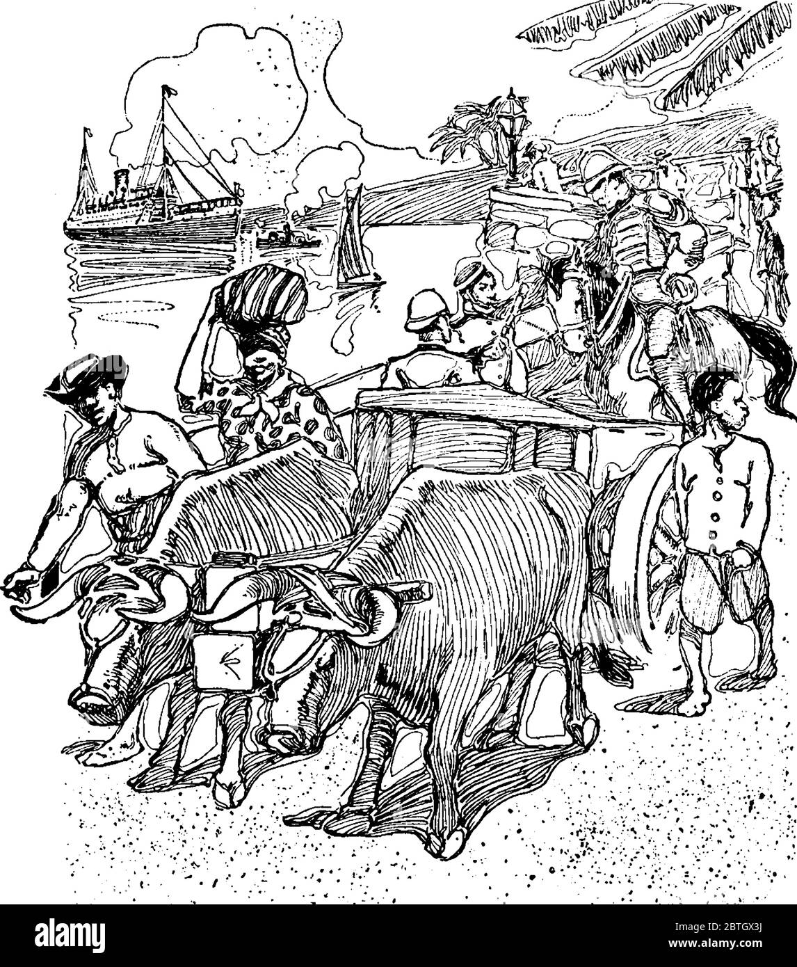 schizzo che mostra il treno di fornitura dei giorni precedenti, utilizzato per il trasporto logistico, il disegno di linee d'epoca o l'illustrazione dell'incisione. Illustrazione Vettoriale