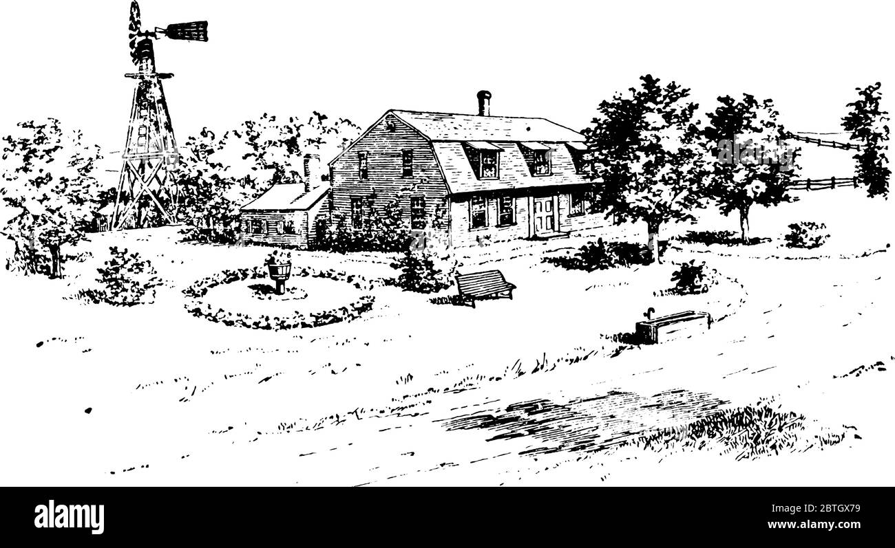 Un grande casale circondato da alberi e piante, casale contenente camini e centrale eolica, disegno di linee d'epoca o illustrazione dell'incisione. Illustrazione Vettoriale