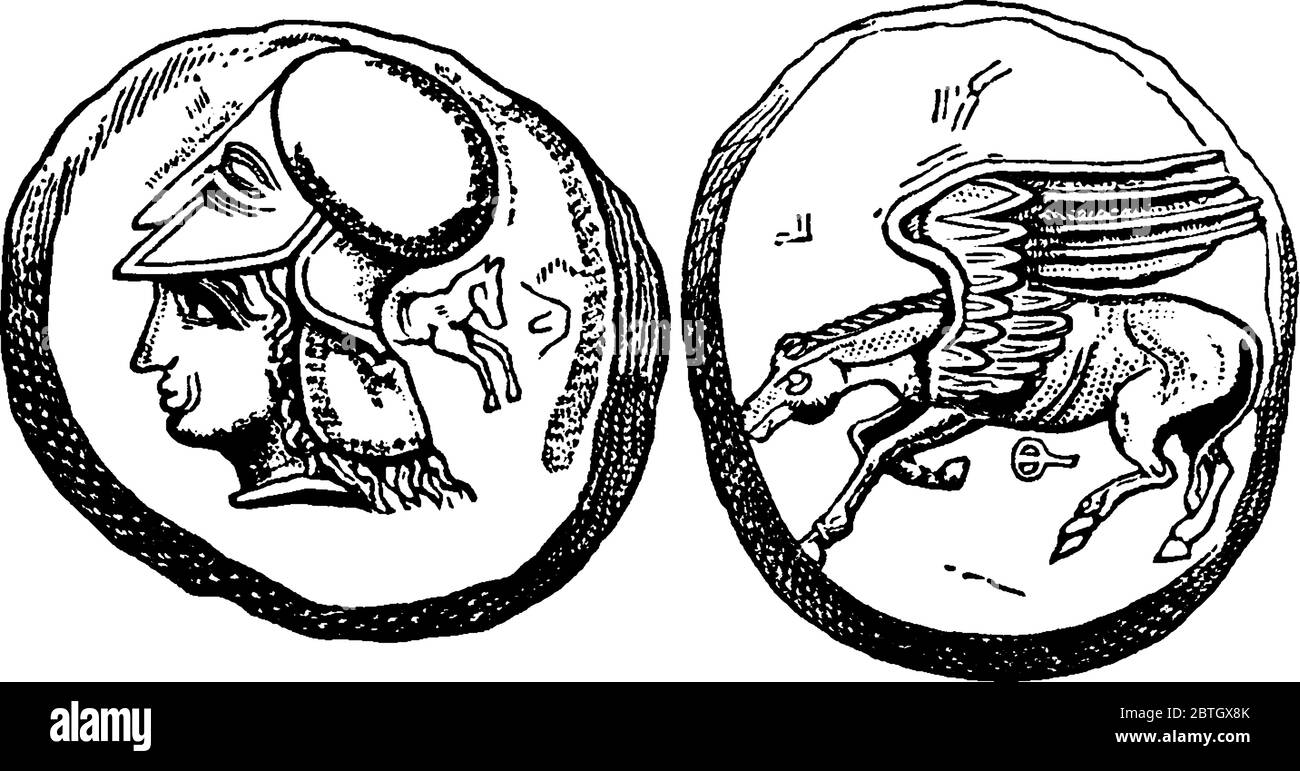 Moneta di Corinto, antico greco ha voluto con un soldato che indossa casco da un lato e un cavallo con ali dall'altro lato, linea vintage disegno o eng Illustrazione Vettoriale