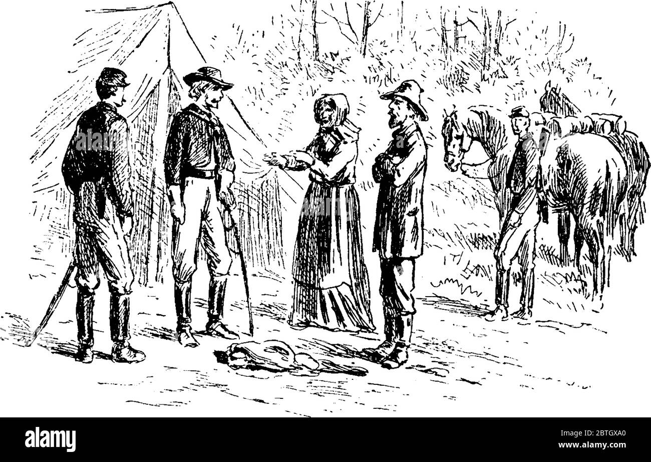 L'immagine raffigura il generale George Armstrong Custer con una spia Union. Custer è più conosciuto per il suo ultimo stand alla Battaglia di Little Bighorn a Monta Illustrazione Vettoriale