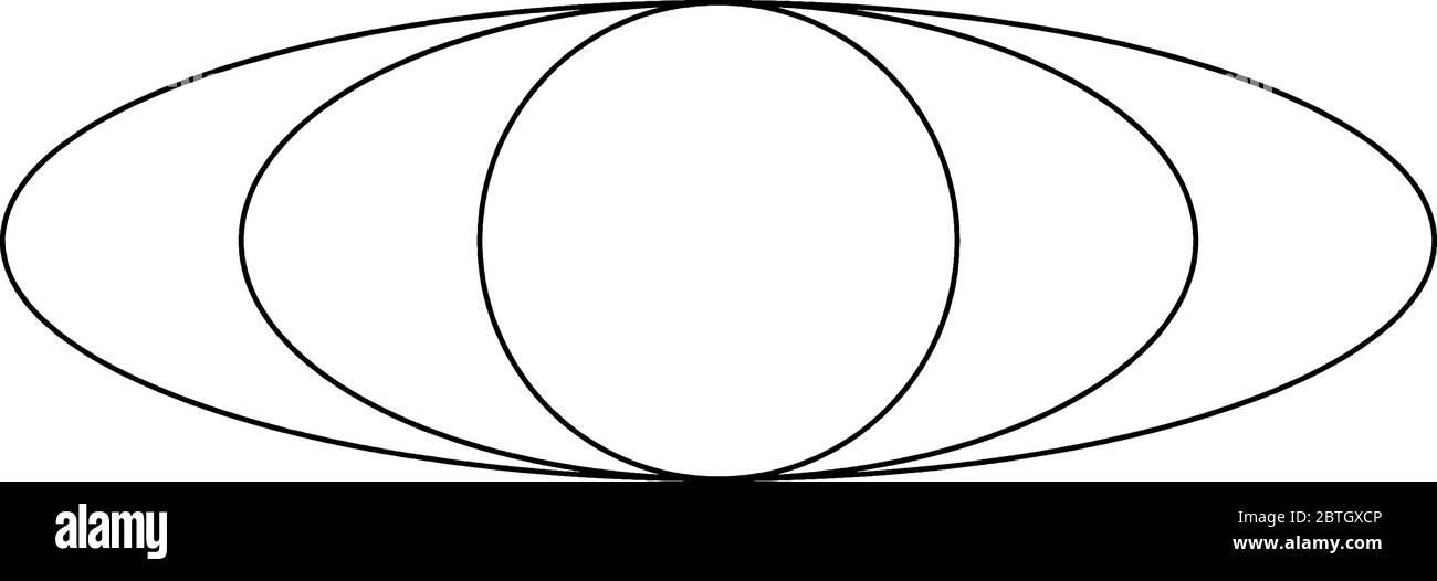 Due ellissi concentriche con cerchio al centro, i lati superiore e inferiore di tutte le ellissi sono tangenti al cerchio, al disegno di linee vintage o all'incisione Illustrazione Vettoriale