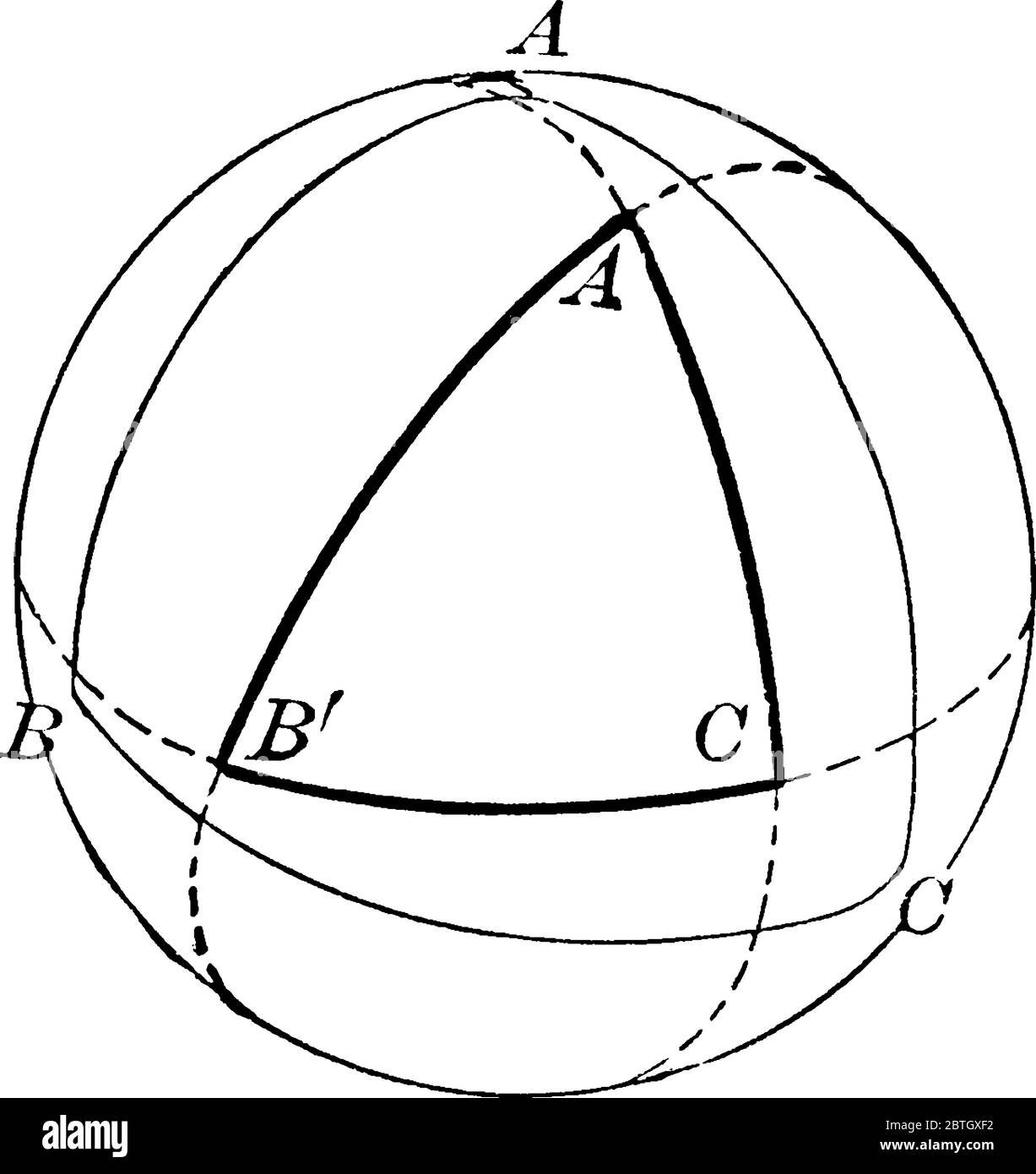 Un triangolo sferico formato sulla superficie di una sfera da tre grandi archi circolari che si intersecano a due a due in tre vertici., disegno di linee vintage o. Illustrazione Vettoriale