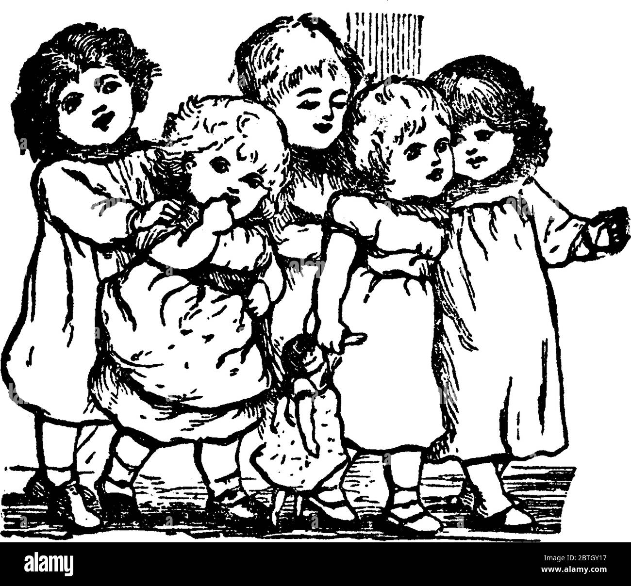 Una rappresentazione tipica di un gruppo di bambini piccoli che si divertono e camminano insieme, disegno di linee d'epoca o illustrazione dell'incisione. Illustrazione Vettoriale