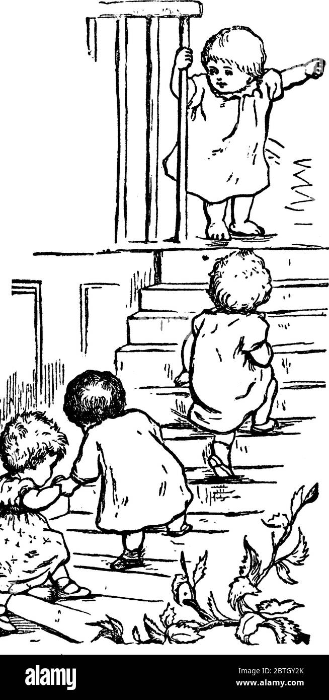 Quattro piccoli bambini nel loro vestito di notte che si divertono molto e salendo le scale per entrare nei loro letti per dormire, disegno di linea vintage o incisione Illustrazione Vettoriale