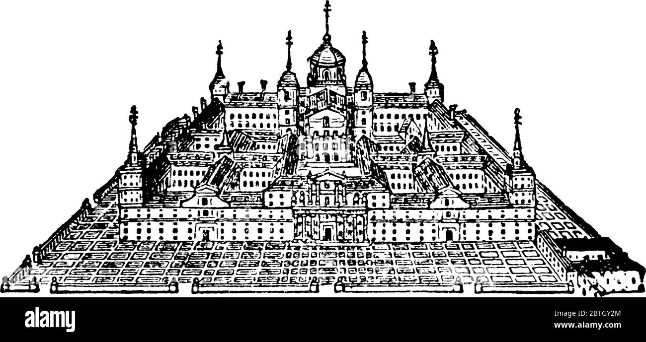 Escorial, gli edifici più notevoli d'Europa, che comprende un convento, una chiesa, un palazzo e un mausoleo, situato sulla facciata sud-orientale Illustrazione Vettoriale