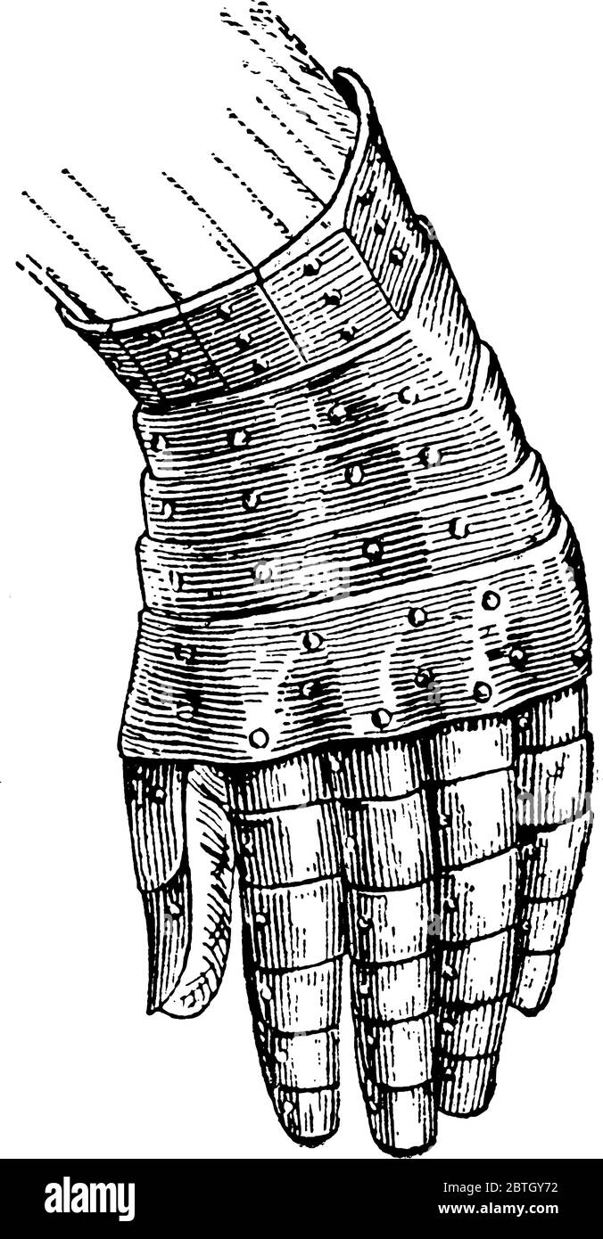 Guanto di piastra sono armatura a piastra, e possono essere fatti da qualsiasi grumo di metallo utilizzato per la protezione delle braccia., disegno di linea vintage o incisione illustrat Illustrazione Vettoriale