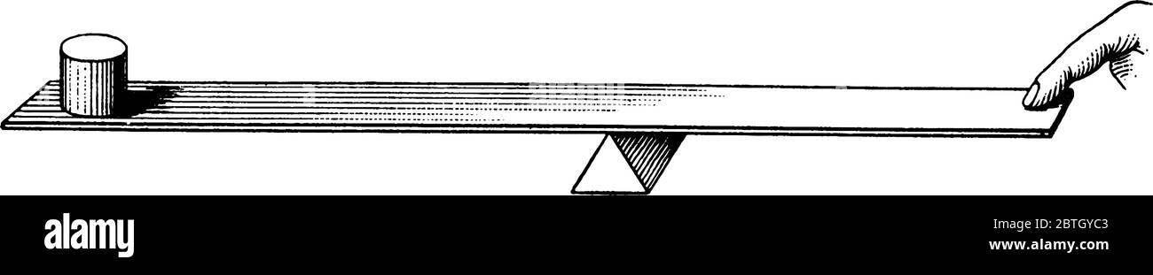 Una leva che si posiziona su un bordo triangolare al centro e che ha un peso posto ad un'estremità e all'altra estremità è bilanciata spingendo con un dito il disegno di una linea vintage o e. Illustrazione Vettoriale