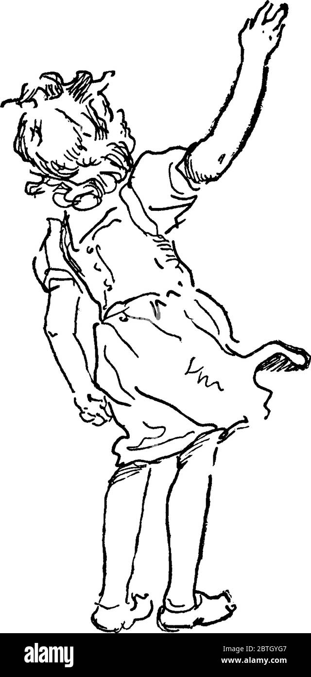 Una bambina solleva il braccio destro e guarda verso il cielo. Il suo vestito soffia nel vento, disegno vintage linea o incisione illustrazione Illustrazione Vettoriale