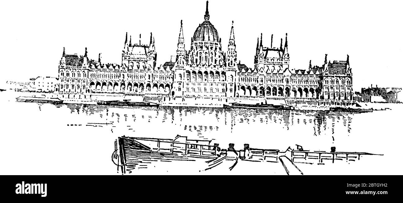 Edificio del Parlamento a Budapest, Ungheria, disegno di linea d'epoca o illustrazione di incisione. Illustrazione Vettoriale