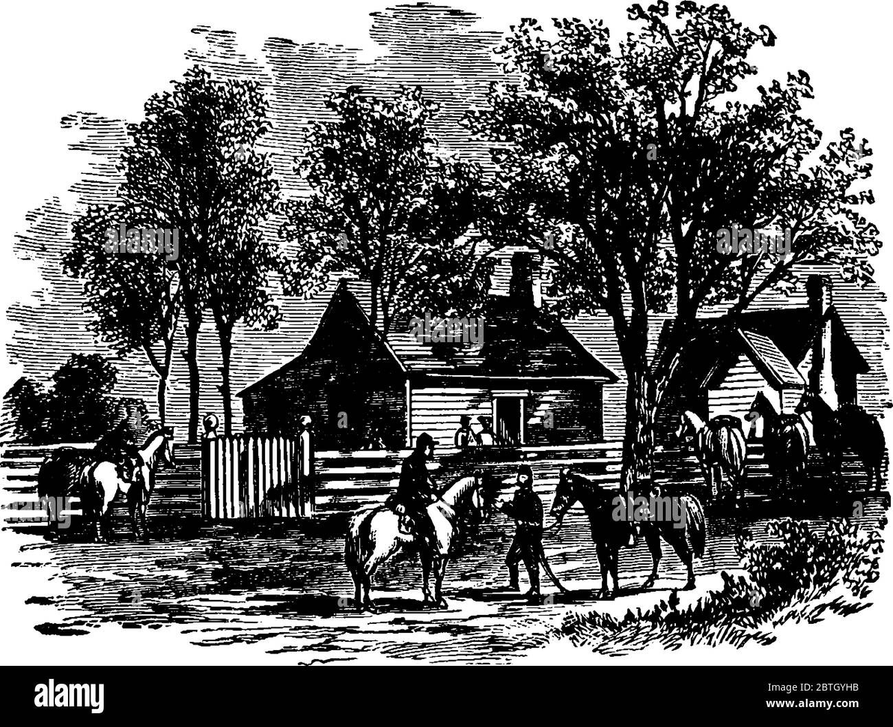 Un'illustrazione di uomini, cavalli e casa, il luogo in cui Johnston si arrese a Sherman, nella guerra civile americana, disegno di linea d'epoca o. Illustrazione Vettoriale