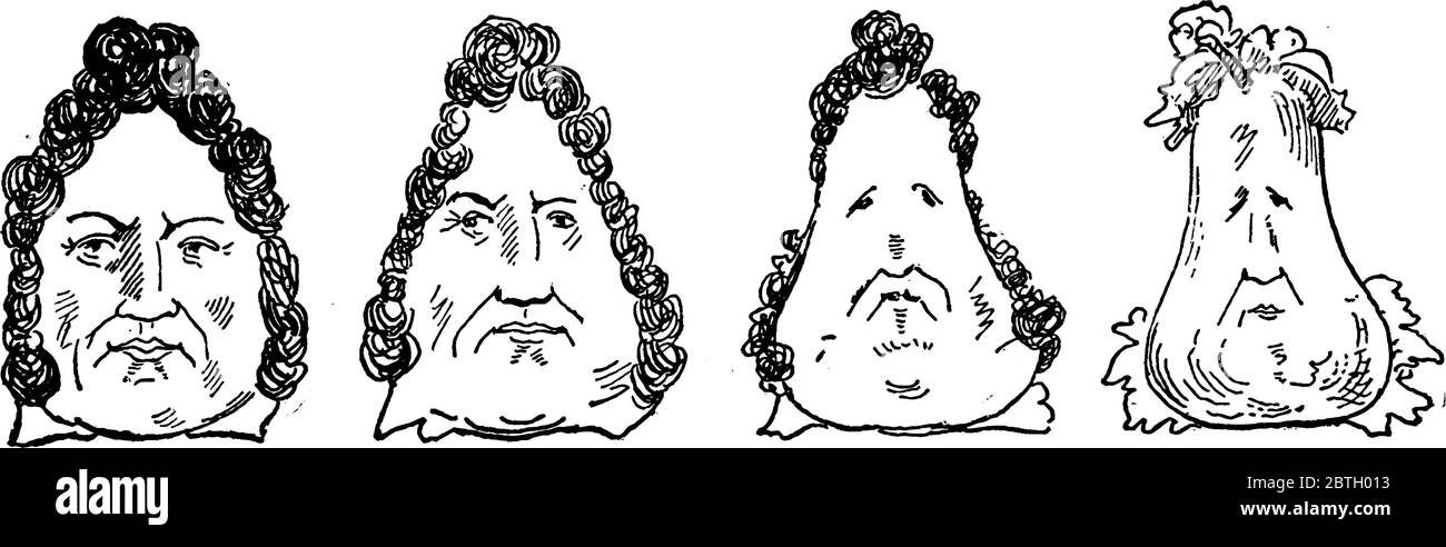 Caricatura di ultimo re di Francia Louis Philippe, disegno di linea d'epoca o illustrazione di incisione. Illustrazione Vettoriale