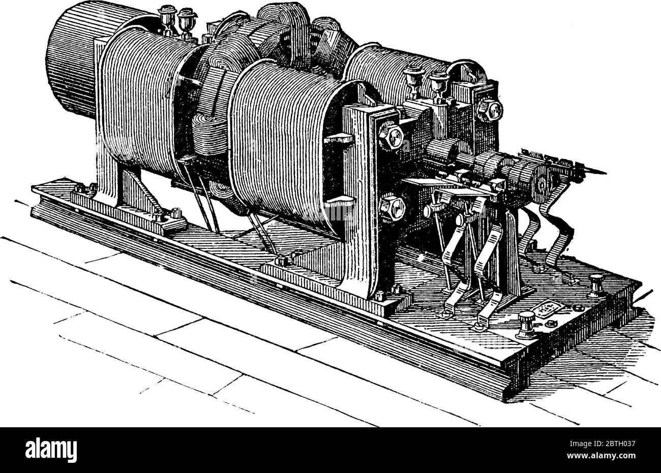 Dispositivo che converte l'energia meccanica in energia elettrica, disegno di linee vintage o illustrazione dell'incisione. Illustrazione Vettoriale