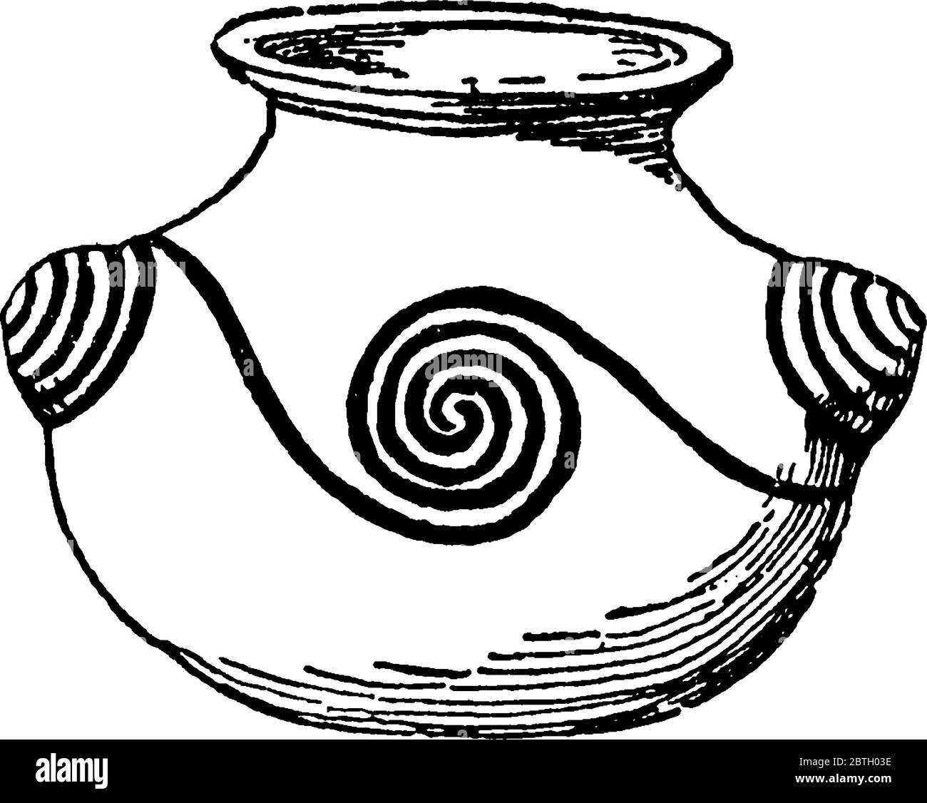 È un'immagine di Pueblo vaso con disegno a spirale, vaso mostrato con disegno su esso, disegno a spirale fatto su disegno a linea di itvintage o illustrazione di incisione, Illustrazione Vettoriale
