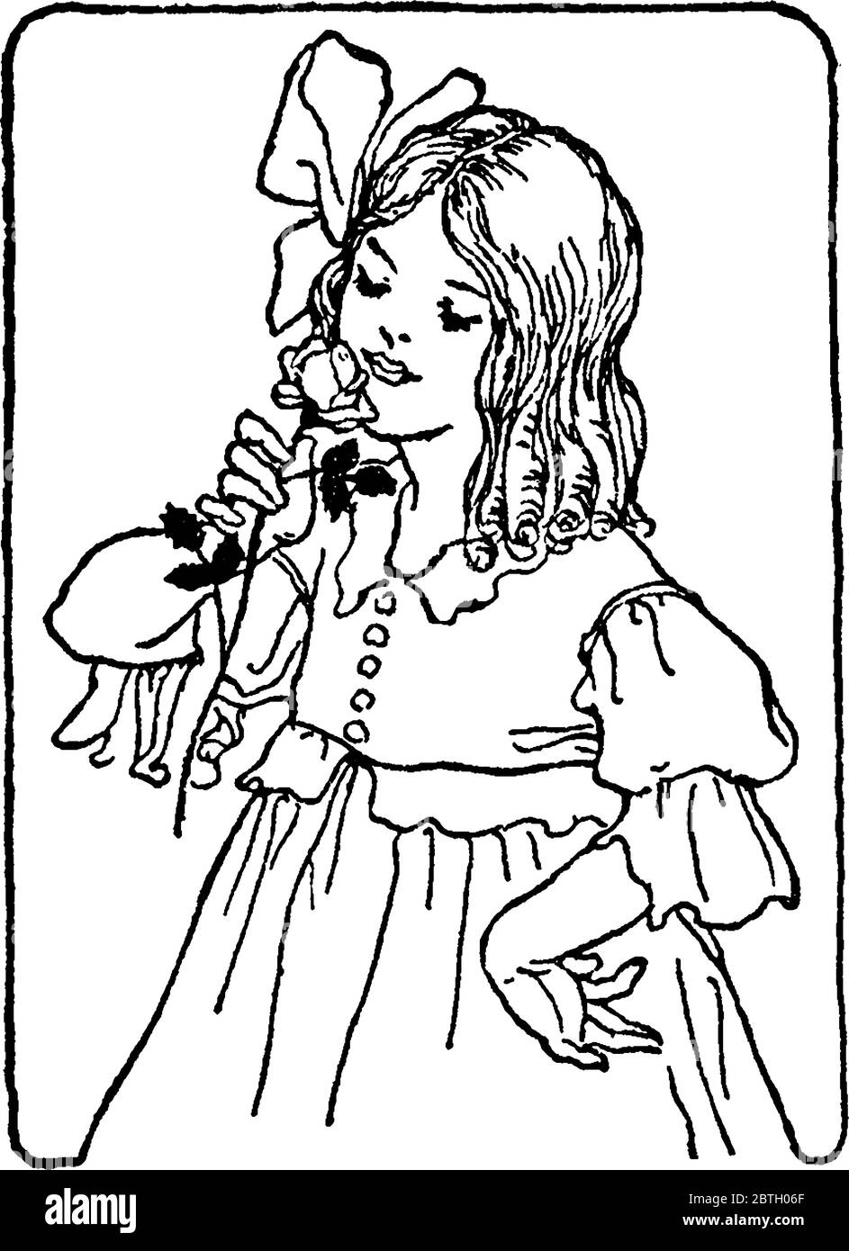 Figura che mostra una ragazza appassionata con rosa profumata, disegno di linea vintage o illustrazione di incisione. Illustrazione Vettoriale