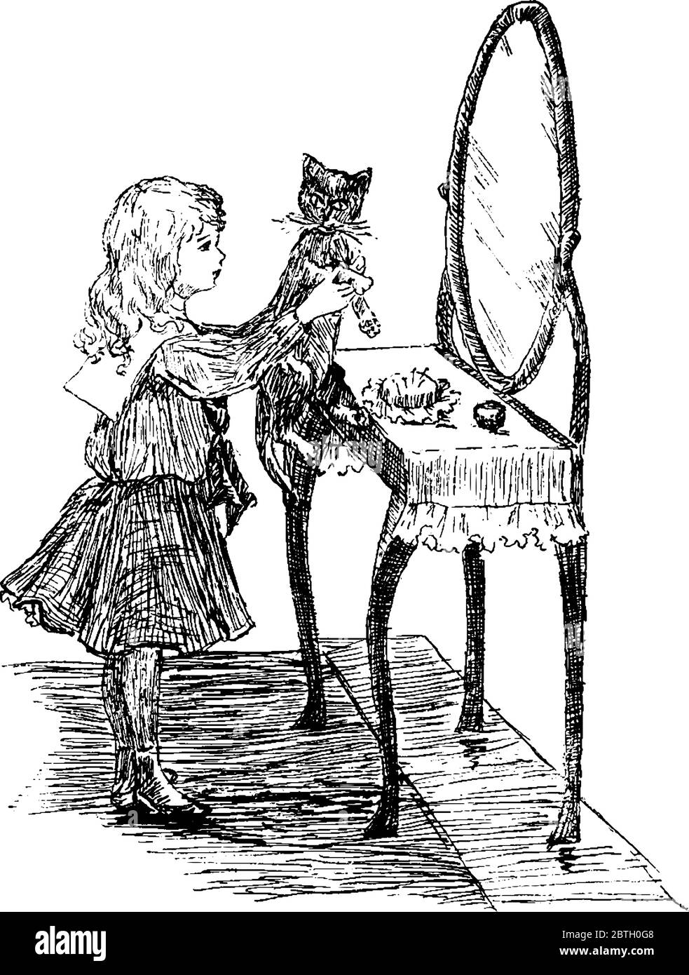 Una bambina nel suo vestito fantasia in piedi davanti allo specchio e giocando con il suo gattino. Gatto, specie Felis catus, un piccolo mammifero carnivoro, famiglia F Illustrazione Vettoriale