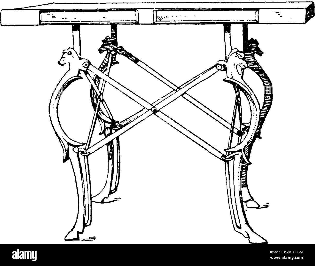 Le gambe dei tavoli antichi sono spesso in bronzo e regolabili. I piani sono spesso fatti di pietra o legno, disegno di linea d'annata o incisione Illustrazione Vettoriale