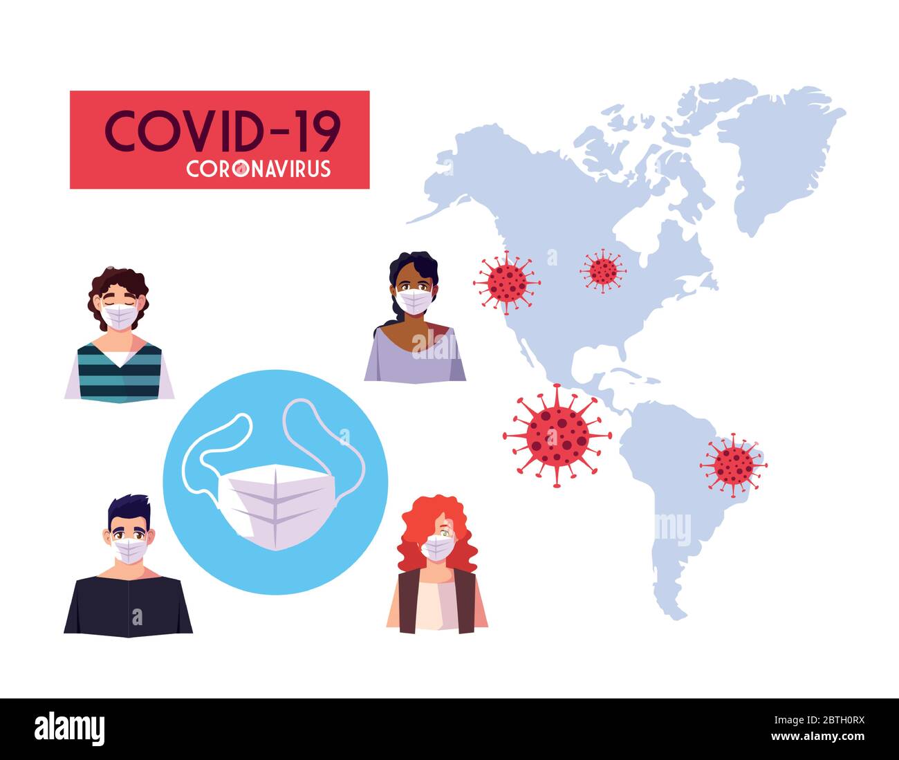 Donne e uomini con maschere e mappa del mondo di Covid 19 virus tema illustrazione vettoriale Illustrazione Vettoriale
