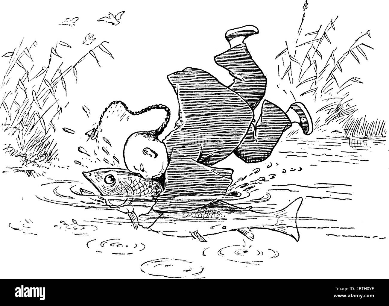 Raffigura un cartone animato, in cui Lun Chun Foo, pesca in modo divertente, disegno di linee vintage o illustrazione di incisione. Illustrazione Vettoriale