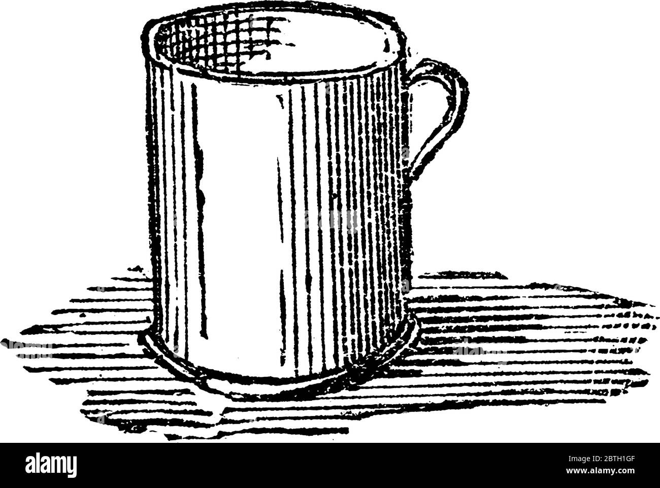 Una sorta di tazzina metallica per le terre, dotata di manico, utilizzata per l'acqua potabile, il tè o il caffè, per il disegno di linee d'annata o per l'incisione Illustrazione Vettoriale