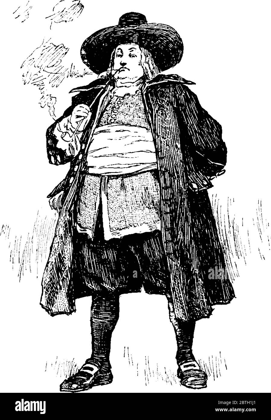 Un uomo olandese grasso in piedi con il suo cappello e costumi di epoca antica, disegno di linea vintage o incisione illustrazione Illustrazione Vettoriale