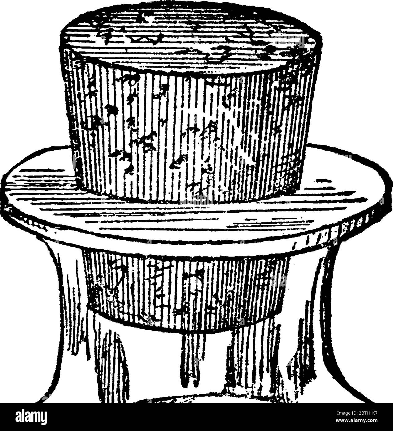 Una rappresentazione tipica di un tappo per una bottiglia o una botte, tagliato da sughero, disegno di linea vintage o illustrazione di incisione Illustrazione Vettoriale