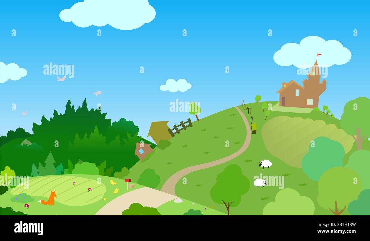 Paesaggio paesaggio paesaggio, giorno di sole campi verdi, cartoni animati vettoriali a colori, orizzontale Illustrazione Vettoriale