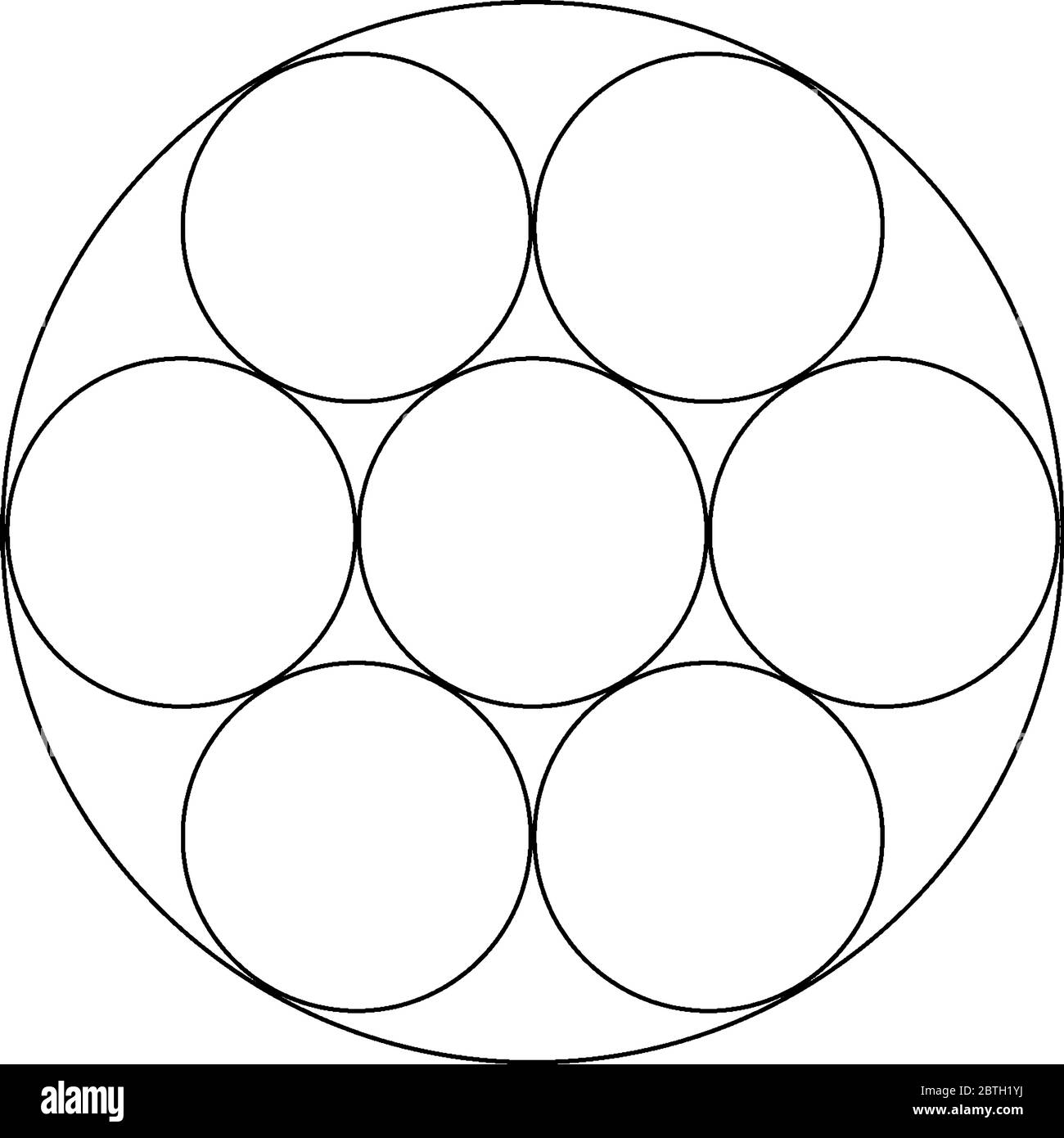 Sette cerchi completi all'interno di un cerchio grande e i lati dei cerchi  si toccano l'uno con l'altro, creando una forma geometrica, un disegno di  linee vintage o un'incisione Immagine e Vettoriale -