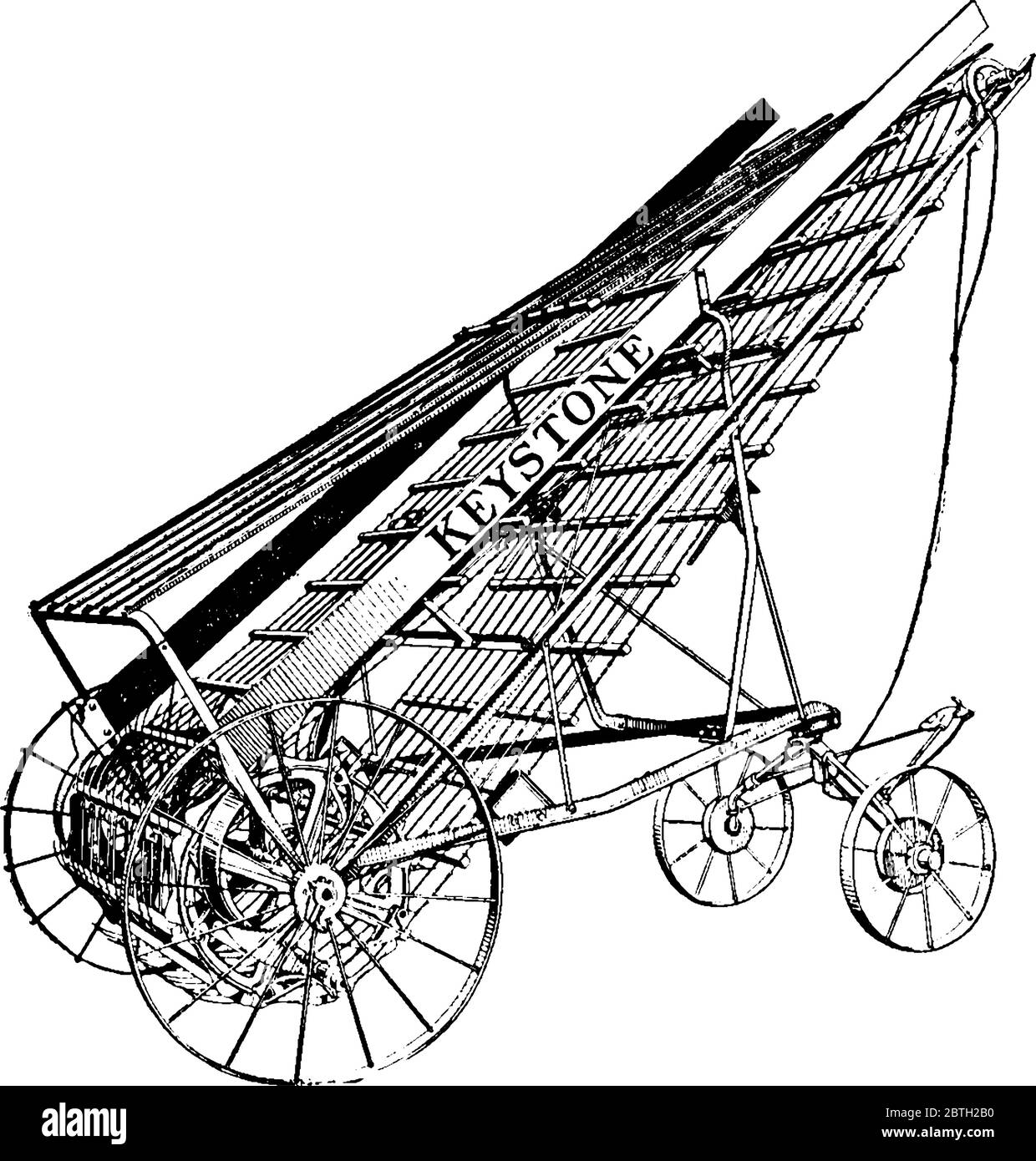 Il caricatore di fieno è un'attrezzatura agricola utilizzata per raccogliere il fieno da un'andana o da un'andana e caricarlo in un rimorchio, disegno di linee vintage o incisione Illustrazione Vettoriale