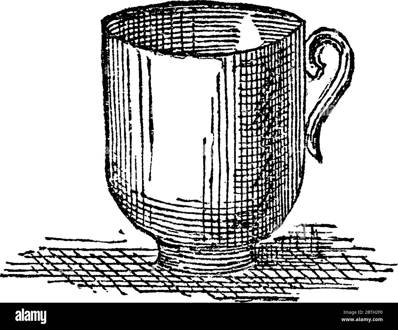 Una rappresentazione tipica di una piccola tazza o recipiente con manico, utilizzata per bere acqua, caffè o tè, disegno di linee d'annata o illustrazione di incisione Illustrazione Vettoriale