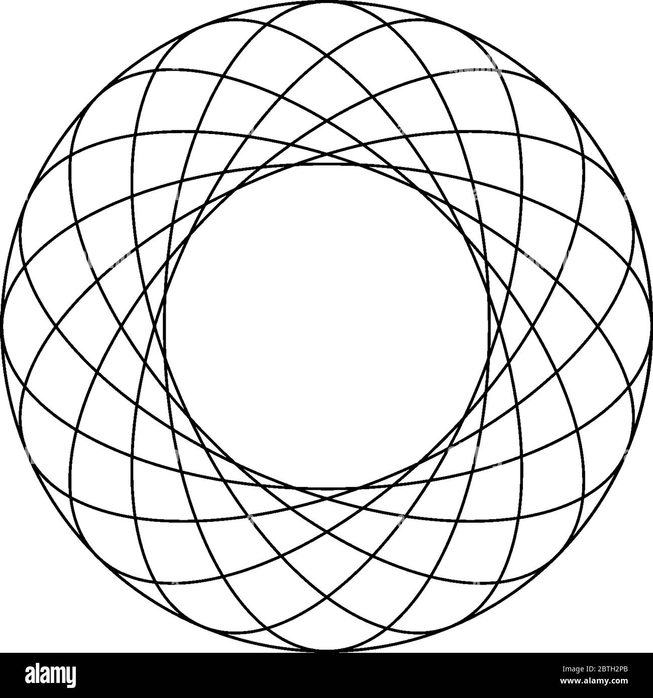 Otto ellissi concentriche ruotate all'interno di un cerchio che toccano esternamente la superficie del cerchio con spaziatura uguale, disegno di linee vintage o incisione Illustrazione Vettoriale