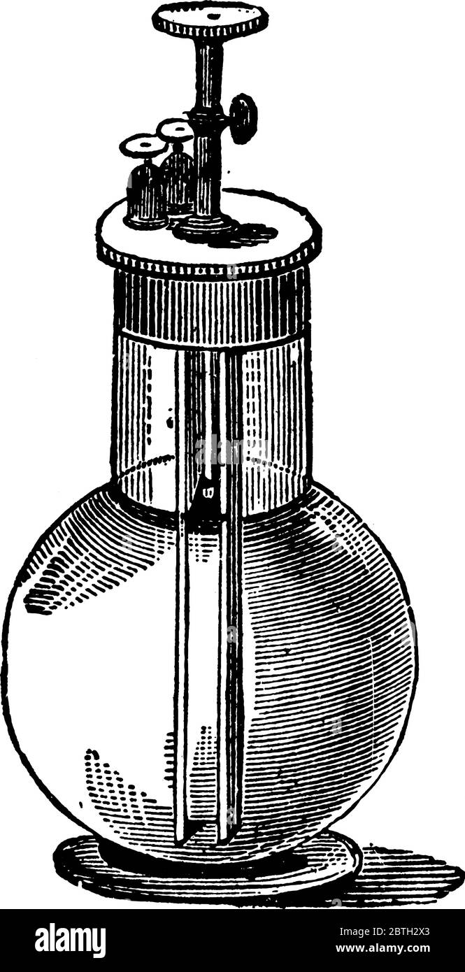 Una rappresentazione tipica della cella di Grenet, che consiste in un pallone come un vaso di vetro, con elementi, zinco e carbonio, disegno di linea vintage o incisione Illustrazione Vettoriale