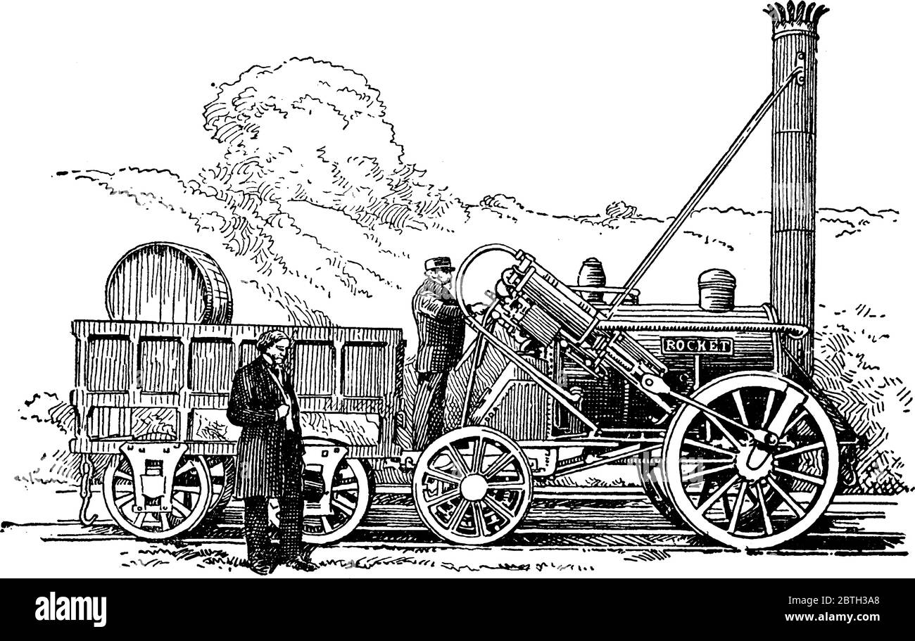 Motore ferroviario con velocità di 53 miglia all'ora, disegno di linea vintage o illustrazione di incisione. Illustrazione Vettoriale