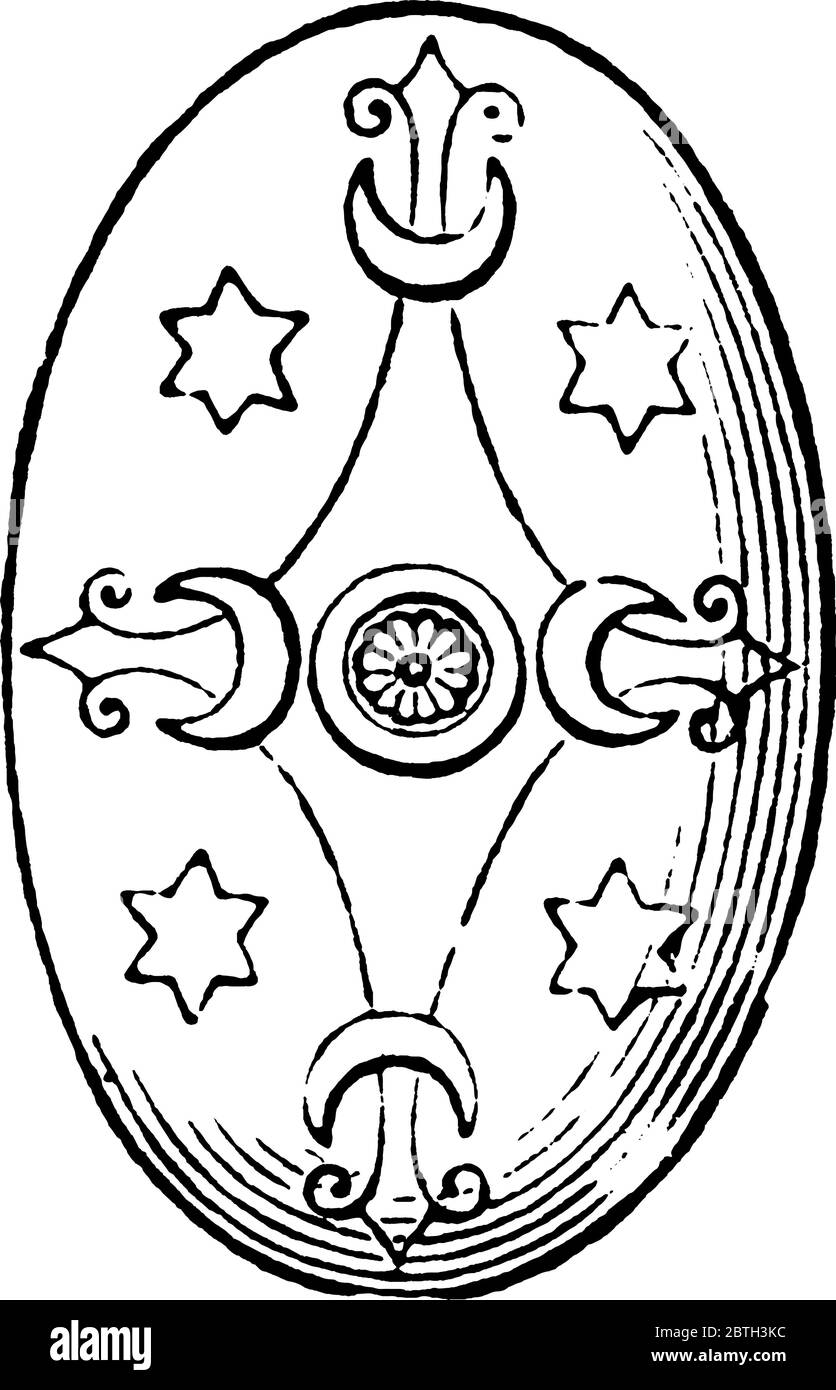 Scutum, uno scudo semicilindrico utilizzato da antiche legionarie romane, disegno di linee d'epoca o illustrazione dell'incisione. Illustrazione Vettoriale