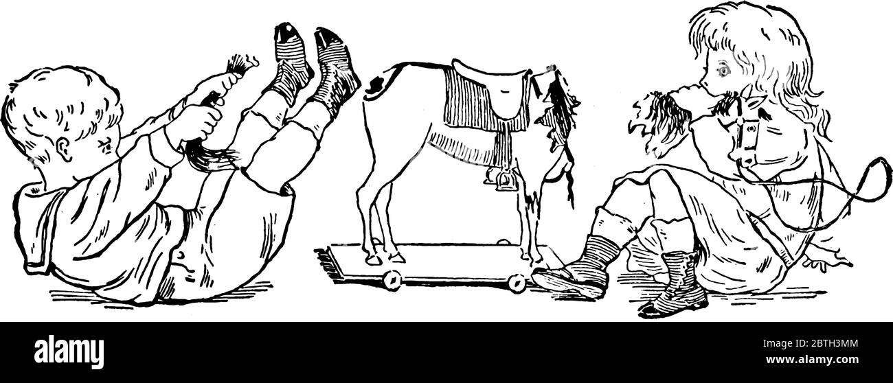 Ragazzo e ragazza lottano per un cavallo giocattolo e lo spezzarono a pezzi, con la coda in mano, la testa in mano e la parte rimanente di Illustrazione Vettoriale