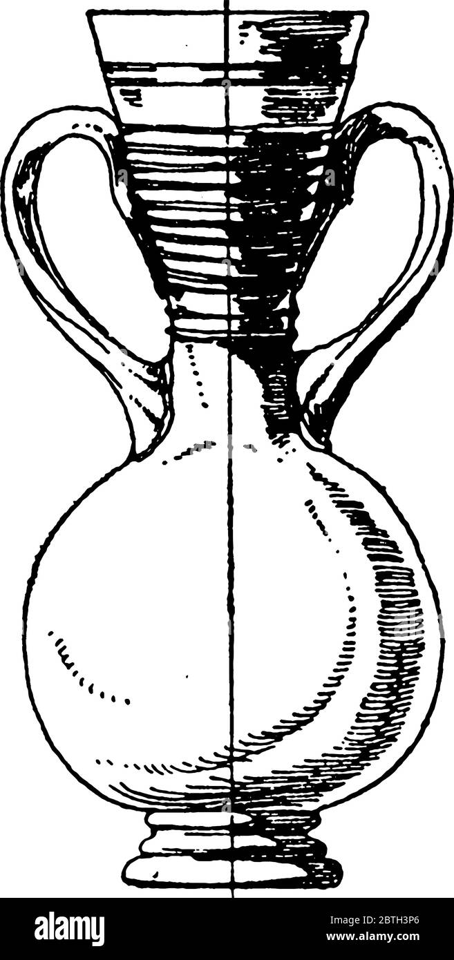 Questa bottiglia Antique dal collo largo ha due manici con corpo rotondo ed è realizzata in vetro scintillante, disegno vintage o illustrazione dell'incisione. Illustrazione Vettoriale