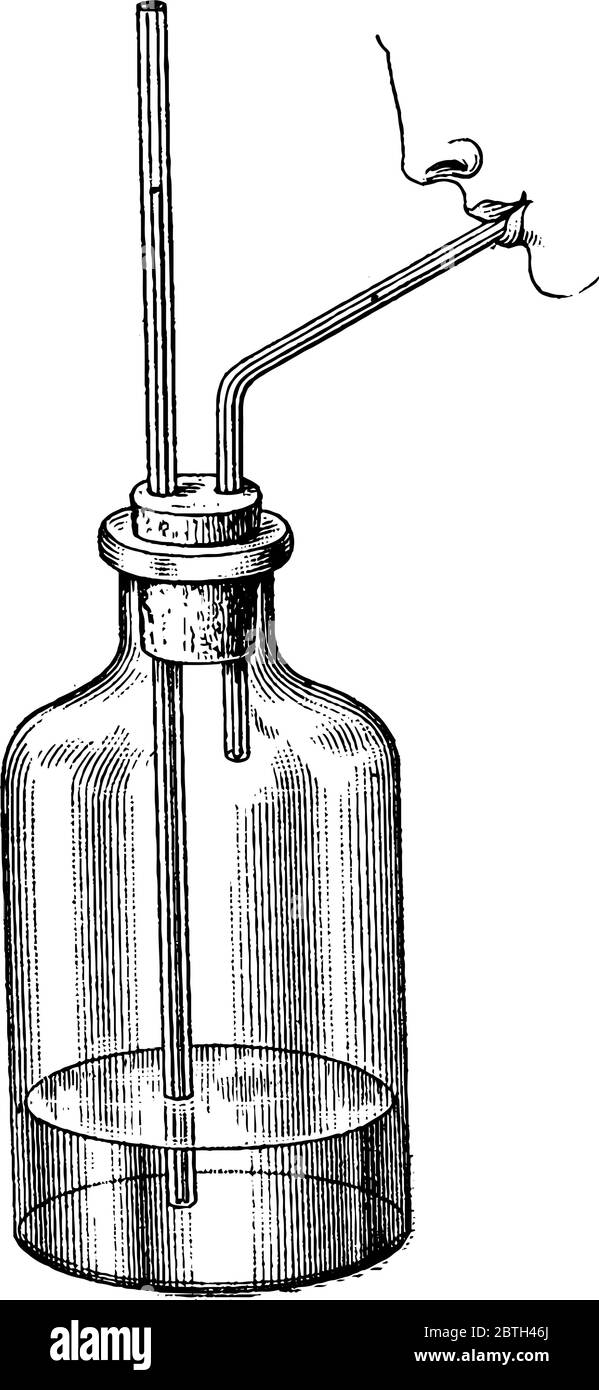 Un Barometro a due tubi di vetro, contiene una soluzione ed estratto umano con bocca, disegno di linea vintage o illustrazione di incisione. Illustrazione Vettoriale