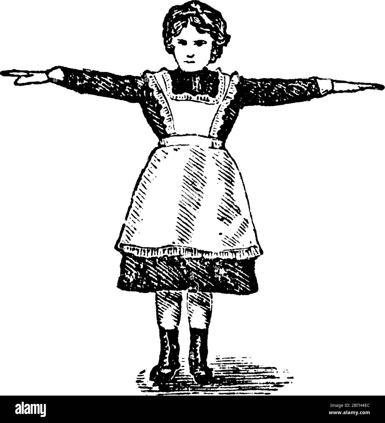 Una bambina che si trova a terra, con le mani stirate, dritte all'aria., disegno di linea vintage o illustrazione di incisione. Illustrazione Vettoriale