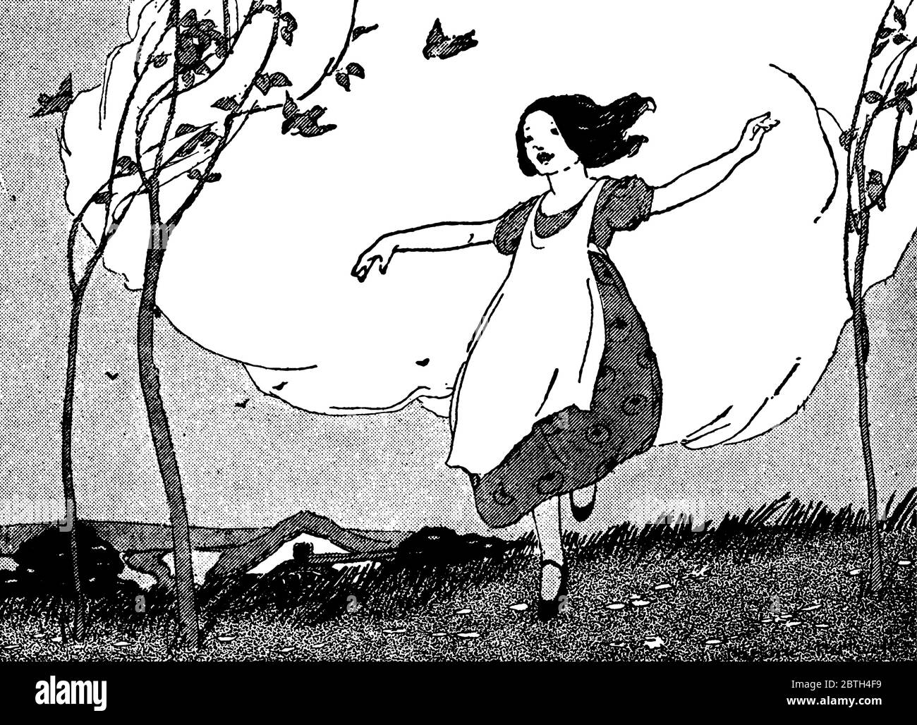 Una ragazza che indossa il grembiule, danzando in delizia, all'esterno tra gli alberi e i cespugli, disegno di linea vintage o illustrazione di incisione. Illustrazione Vettoriale