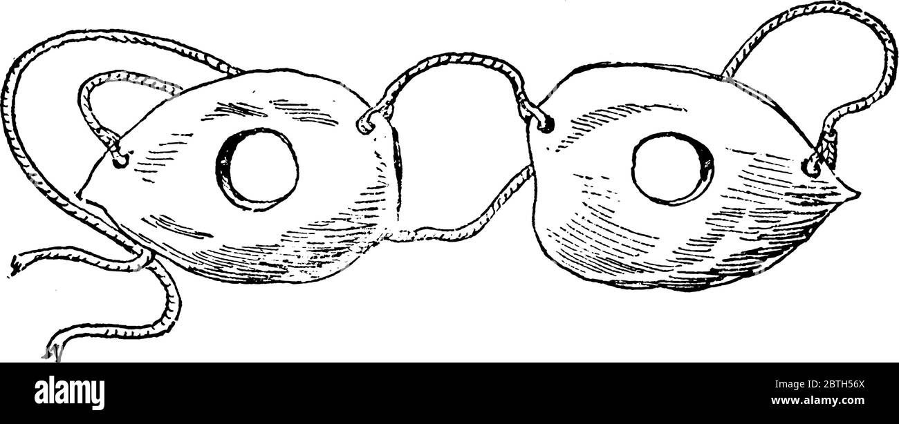 Una rappresentazione tipica di occhiali di protezione o occhiali di protezione realizzati con gusci di noce, disegno di linea vintage o illustrazione di incisione Illustrazione Vettoriale