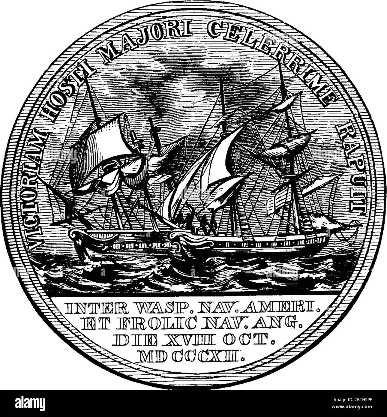 Medaglia d'oro incisa con scritti e immagine di pirati e persone, assegnata ad un ufficiale, Commodore Jacob Jones, nella Marina degli Stati Uniti, li vintage Illustrazione Vettoriale