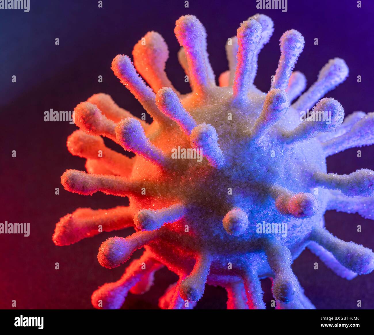 dettaglio di un colorato virus simbolico illuminato nel buio posteriore Foto Stock