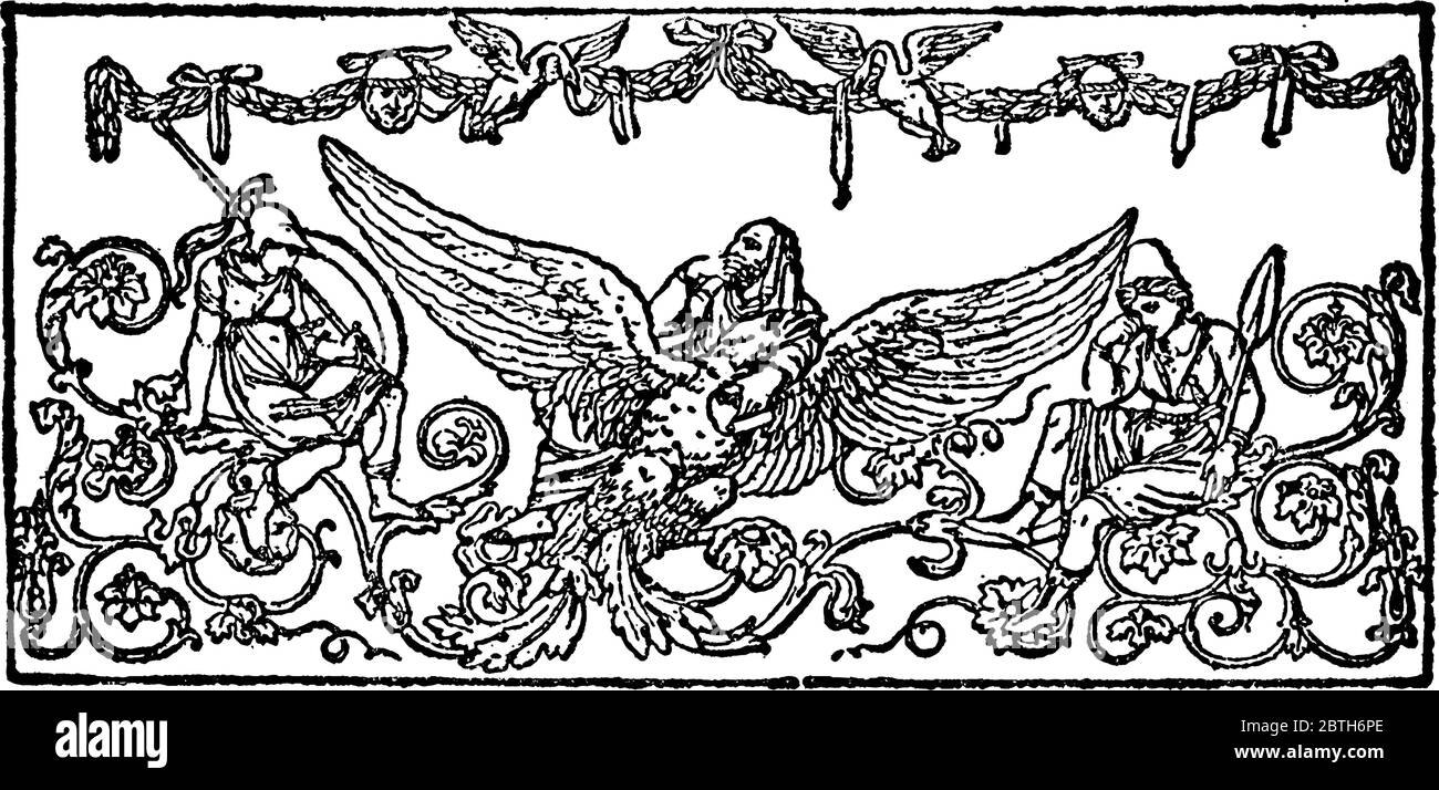 L'Elysium doodad, illustrazione greca di Elysium, con una testa dell'uomo e un corpo dell'aquila al centro, circondato da disegni ripetuti e fantasiosi, vintage Illustrazione Vettoriale L'Elysium doodad, illustrazione greca di Elysium, con una testa dell'uomo e un corpo dell'aquila al centro, circondato da disegni ripetuti e fantasiosi, vintage Illustrazione Vettoriale