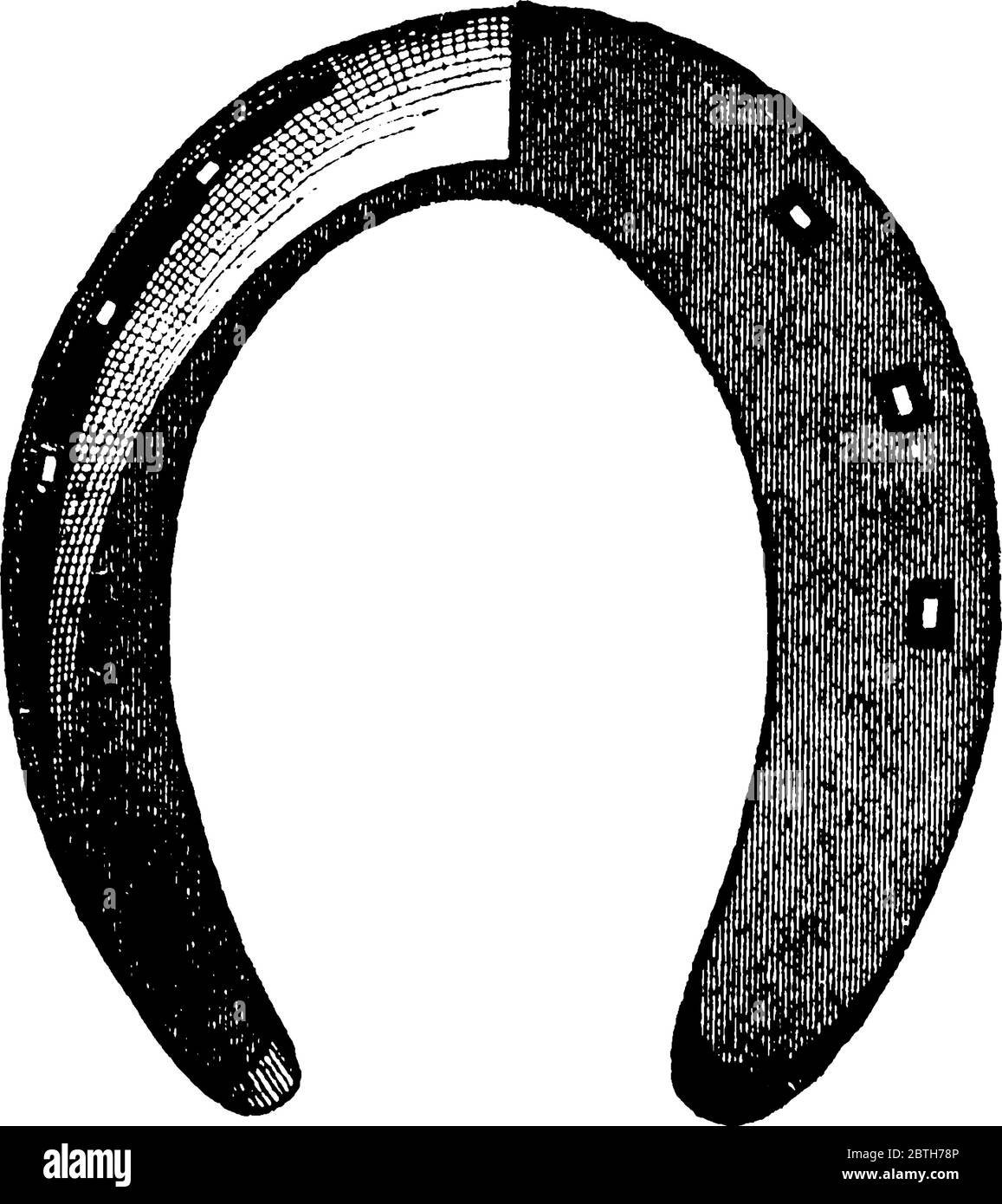 Horseshoe è una piastra metallica a forma di U, che protegge gli zoccoli dei cavalli, disegno di linee d'epoca o illustrazione dell'incisione. Illustrazione Vettoriale