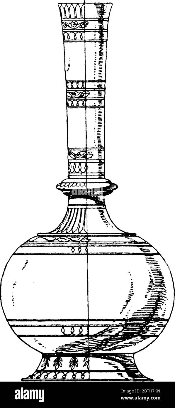 La bottiglia persiana è realizzata in metallo decorato. Ha una forma sferica con collo allungato, disegno o incisione vintage Illustrazione Vettoriale