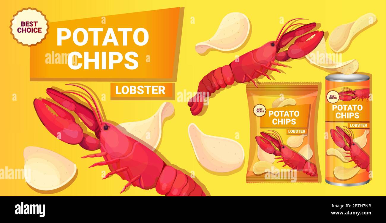 patatine con sapore di aragosta composizione pubblicitaria di patatine fritte patate naturali e packaging annunci modello di disegno vettoriale orizzontale illustrazione Illustrazione Vettoriale